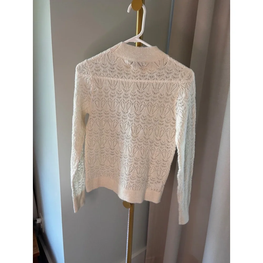 NWT-LOFT Pointelle Mock Neck Sweater‎ Cream Ivory Open Knit Wool Blend Small